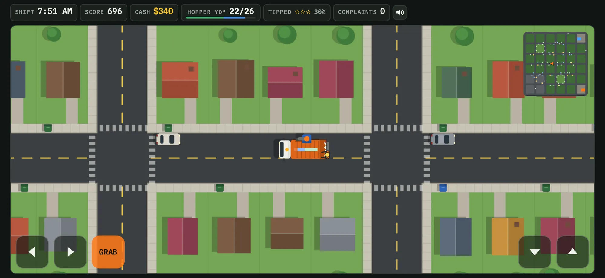 The Big One: a wide residential grid with the truck driving along the main road